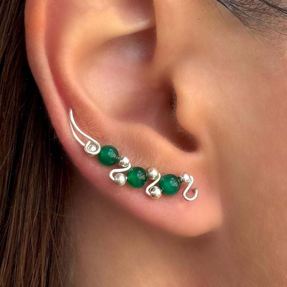 Green Cat's Eye Ear Climber Earrings, Sterling Silver Gemstone Jewelry